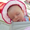 Greta asleep at the baseball game